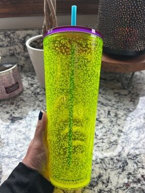 EUC Starbucks Neon Bubbled Tumbler with Purple Rim and Blue Straw